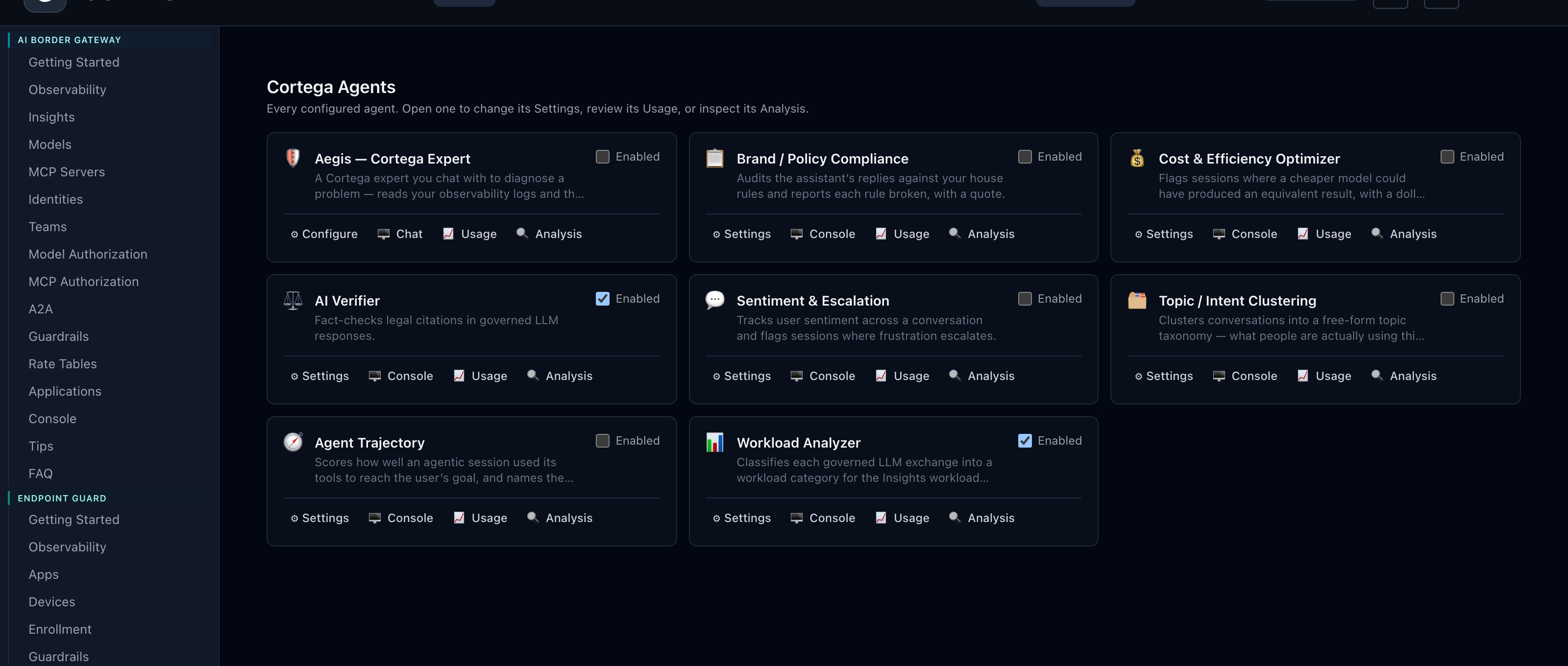 Cortega Agents: verifier, scorer, sentiment, trajectory, and workload agents