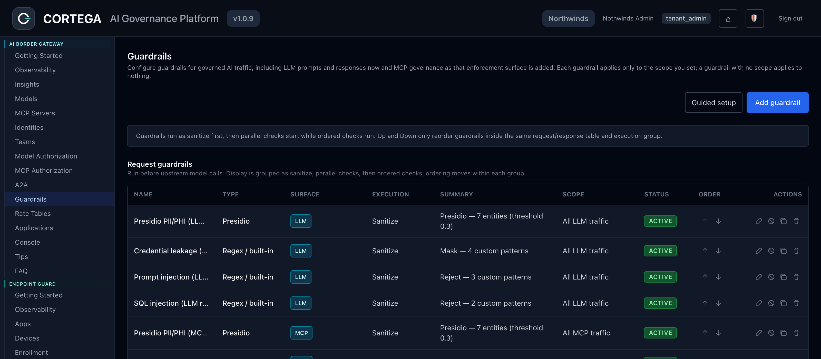 Cortega guardrails: Presidio PII, credential leakage, prompt injection, and SQL injection active on all traffic