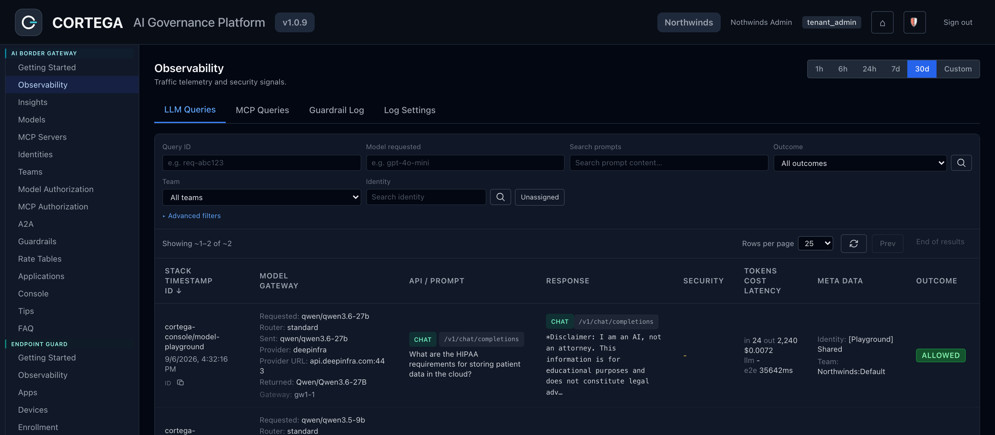 Cortega AI Border Gateway: the observability feed, every governed request with identity, model, cost, latency, and outcome