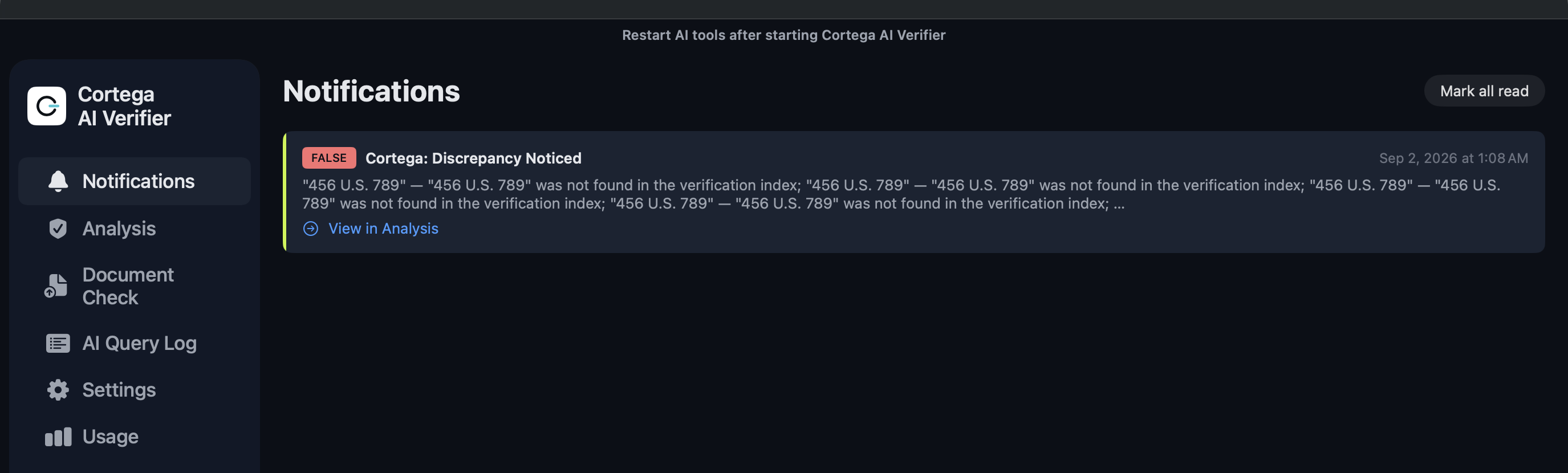 Cortega AI Verifier: a citation flagged as not found in the verification index