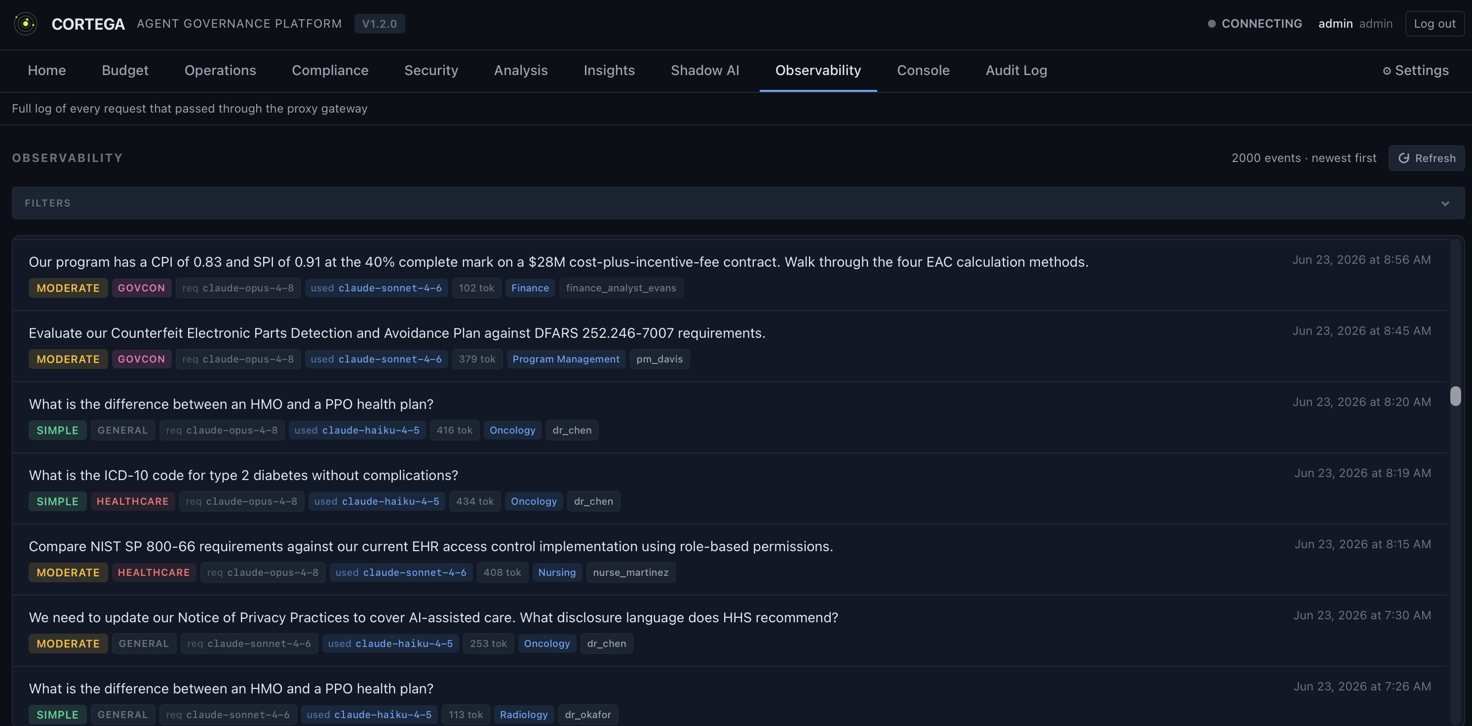Cortega observability log